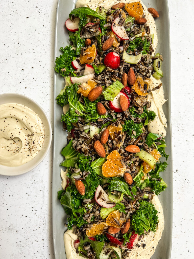 Wild rice salad with a side dish of cashew cream