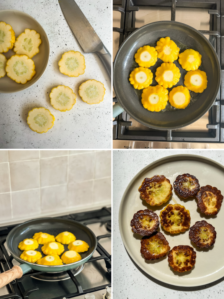 4 images in a grid, each featuring the various stages of grilling sliced squash in a pan.