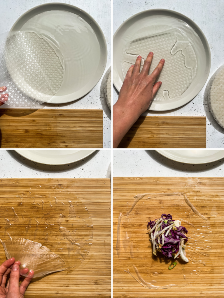 Hands dipping a rice paper sheet into a plate of water and laying the soft sheet onto a chopping board