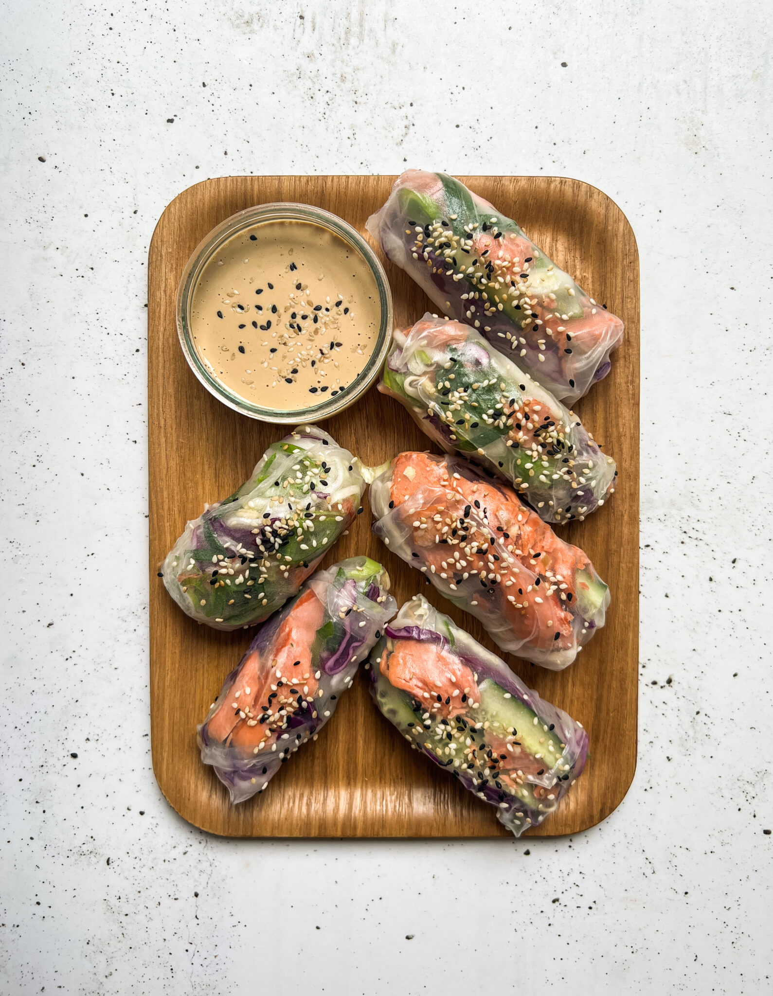 Salmon Rice Paper Rolls & Spicy Tahini Sauce Liv Kaplan Healthy Recipes
