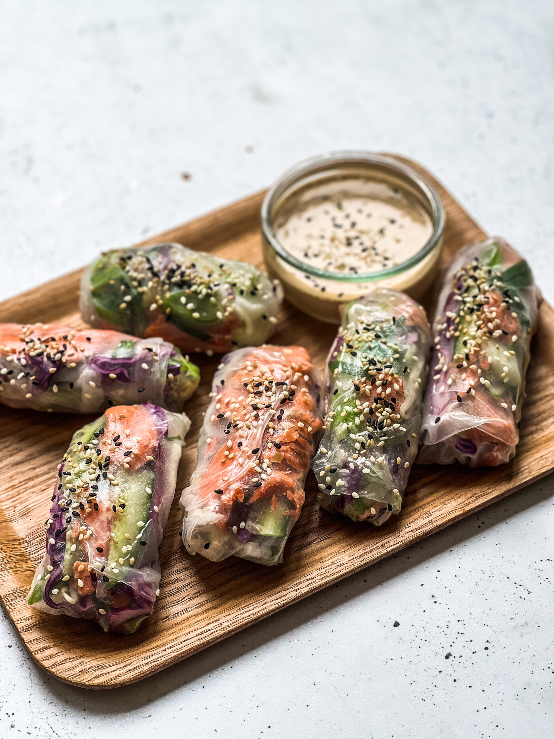 Salmon Rice Paper Rolls & Spicy Tahini Sauce Liv Kaplan Healthy Recipes