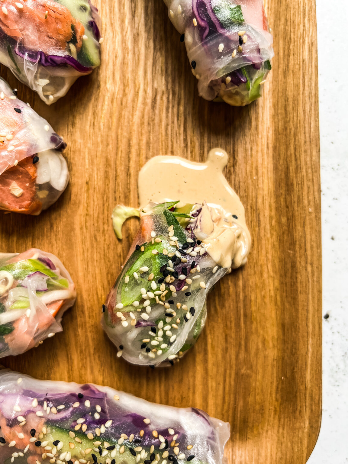 Salmon Rice Paper Rolls & Spicy Tahini Sauce Liv Kaplan Healthy Recipes