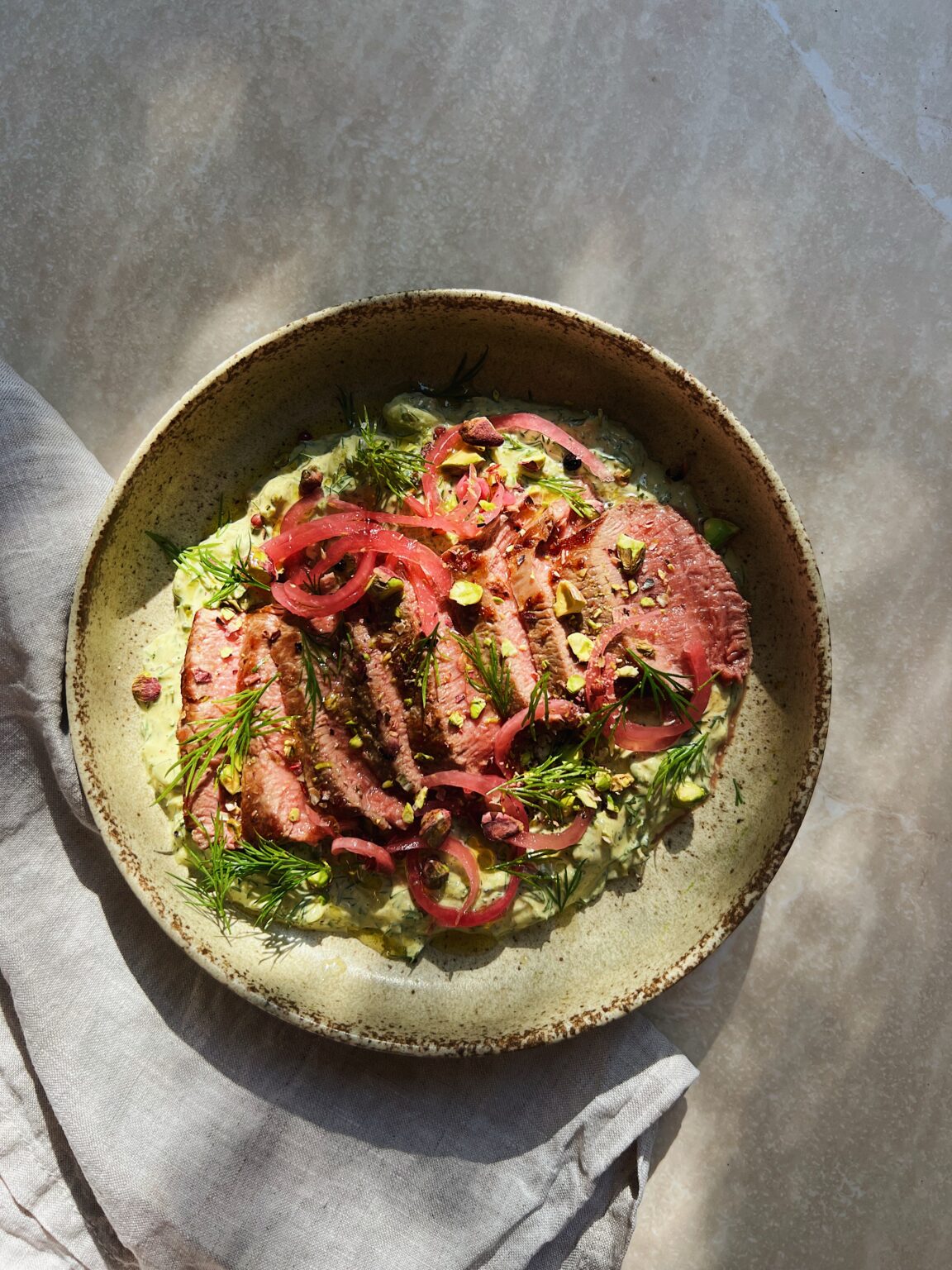 Lamb Backstrap With Pistachio Butter Tzatziki Olivia Kaplan Healthy Recipes